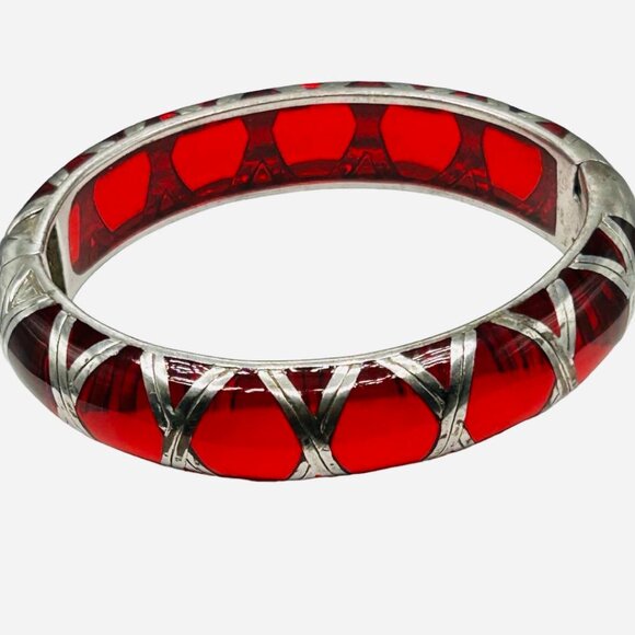 Angelique de Paris Red Resin Sterling Overlay Hinged Bangle Bracelet - Picture 1 of 7